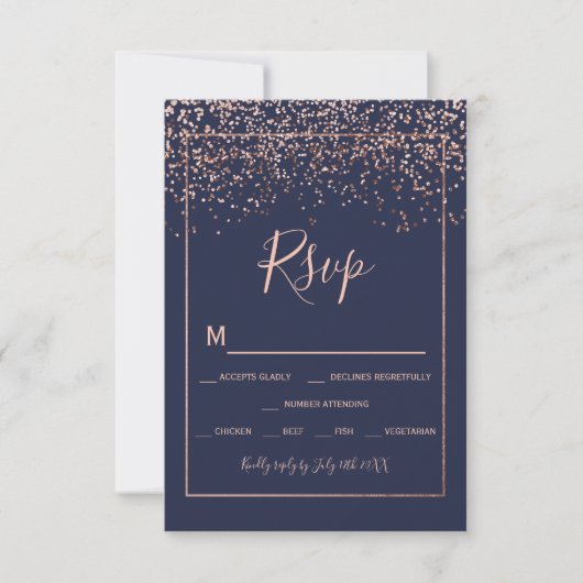 Rose gold Konfetti marineblaue Typografie uAwg RSVP Karte (Vorderseite)