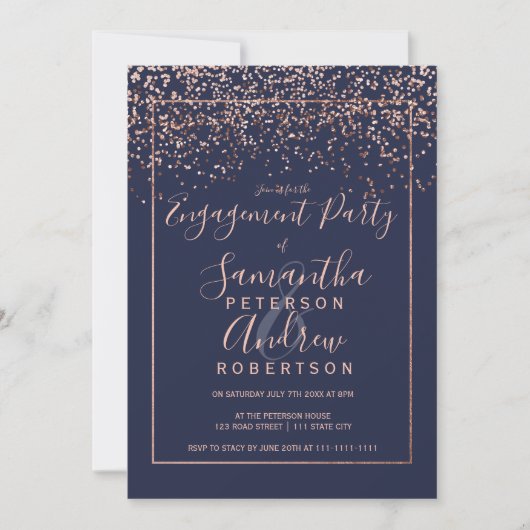 Rose gold Konfetti marineblaue Typografie Verlobun Einladung (Vorderseite)