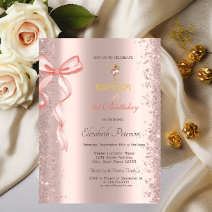 Rose Gold Konfetti Rosa Schleife Taufe und Geburts Einladung