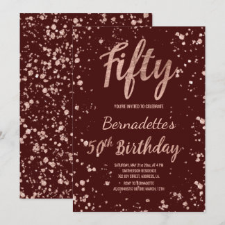Rose gold Konfetti rot Bordeaux 50. Geburtstag Einladung