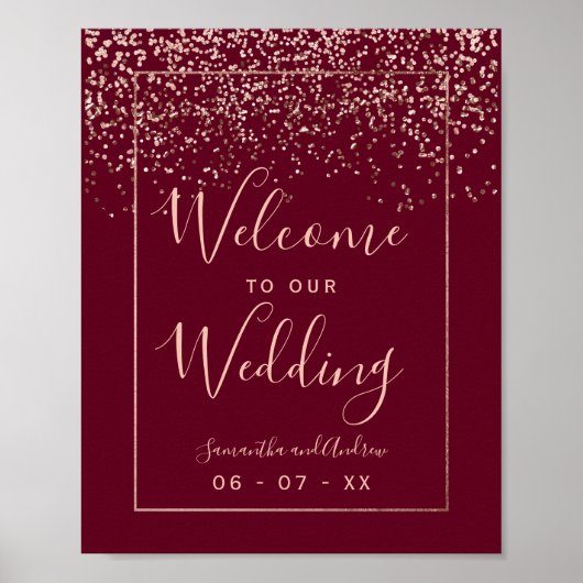 Rose gold Konfetti roter Bordeaux Hochzeitsempfang Poster (Vorne)