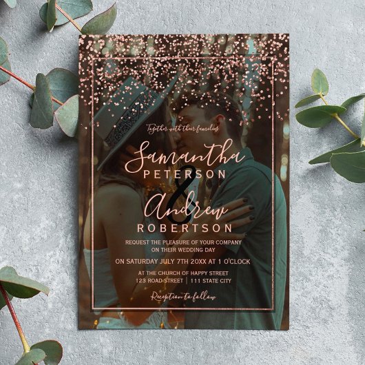 Rose Gold Konfetti Typografie Foto Hochzeit Einladung