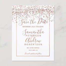 Rose gold Konfetti weiße Schrift Save the Date Ankündigungspostkarte