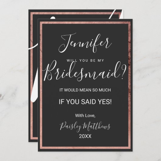 Rose Gold Kontur Border Black Wedding Bridesmaid Einladung (Vorne/Hinten)