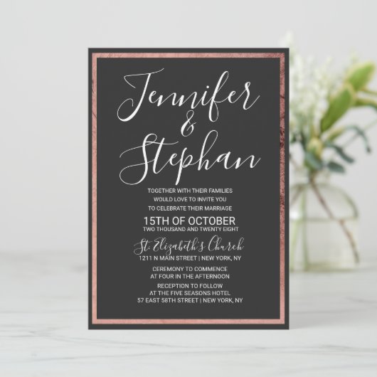 Rose Gold Kontur Border Simple Black Wedding Einladung (Stehend Vorderseite)