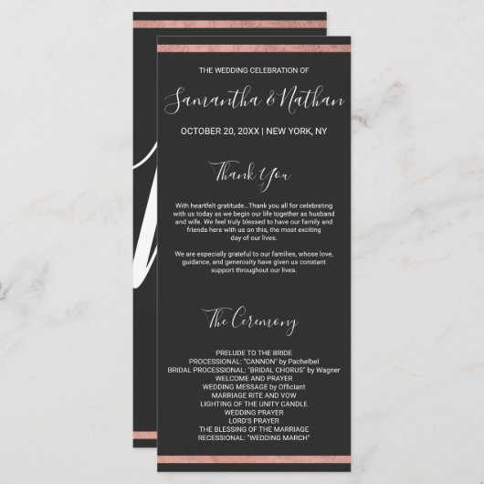 Rose Gold Kontur Border Simple Black Wedding Programm (Vorne/Hinten)