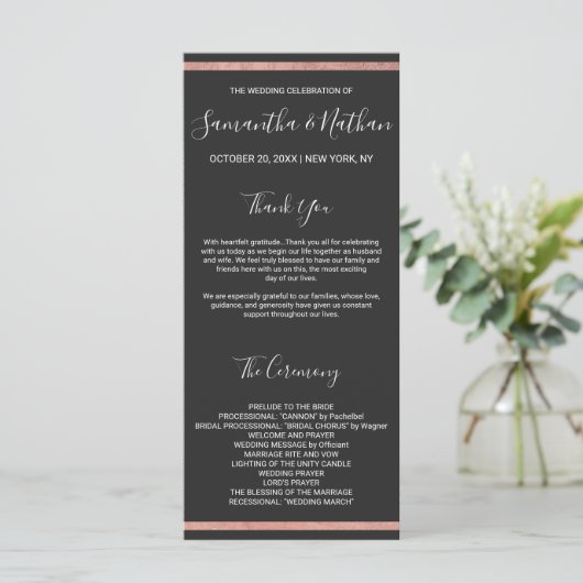 Rose Gold Kontur Border Simple Black Wedding Programm (Stehend Vorderseite)