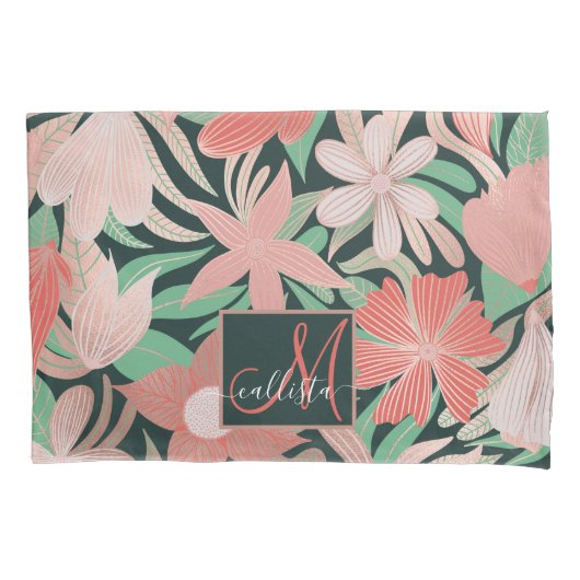 Rose Gold Korallen Green Floral Blätter Monogramm Kissenbezug (Vorderseite)