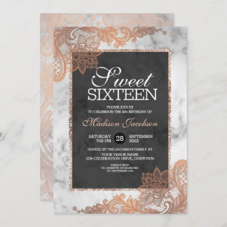 Rose Gold Lace und Marmor 16 . Geburtstag Party Einladung