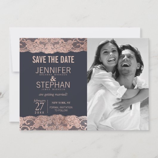 Rose Gold Lace und Navy Blue retten Termine Save The Date (Vorderseite)