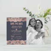 Rose Gold Lace und Navy Blue retten Termine Save The Date (Stehend Vorderseite)