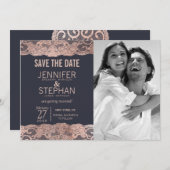 Rose Gold Lace und Navy Blue retten Termine Save The Date (Vorne/Hinten)