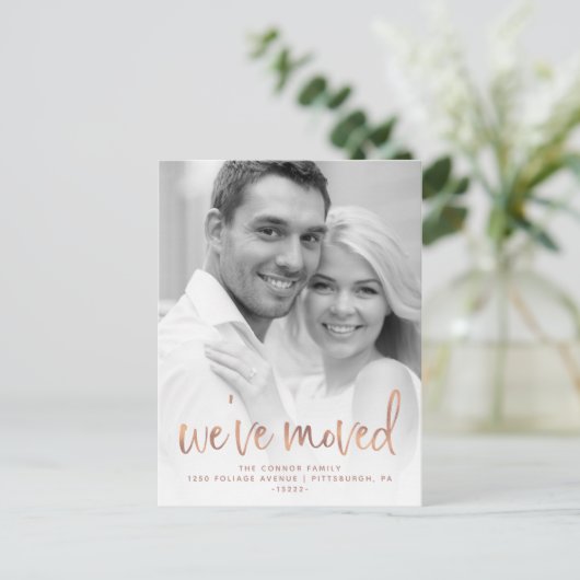Rose Gold Lässig Script Foto Moving Ankündigung Postkarte (Stehend Vorderseite)