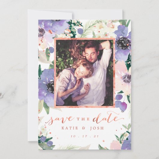 Rose Gold & Lavender Boho Foto Save the Date Einladung (Vorderseite)