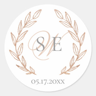 Rose Gold Leaf Elegant Monogram Wedding Runder Aufkleber