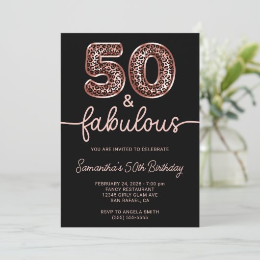 Rose Gold Leopard Balloon Number 50 and Fabulous Einladung (Stehend Vorderseite)