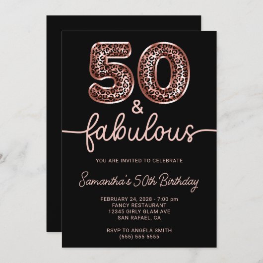 Rose Gold Leopard Balloon Number 50 and Fabulous Einladung (Vorne/Hinten)
