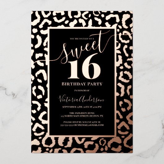 Rose Gold Leopard Cheetah Print Foto Sweet 16 Foi Folieneinladung (Vorderseite)