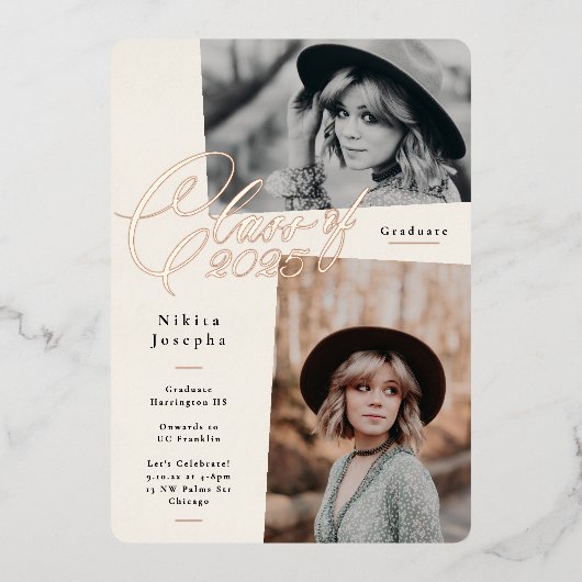 Rose Gold Lettering Class of 2025 Foto Abschluss Folieneinladung (Vorderseite)