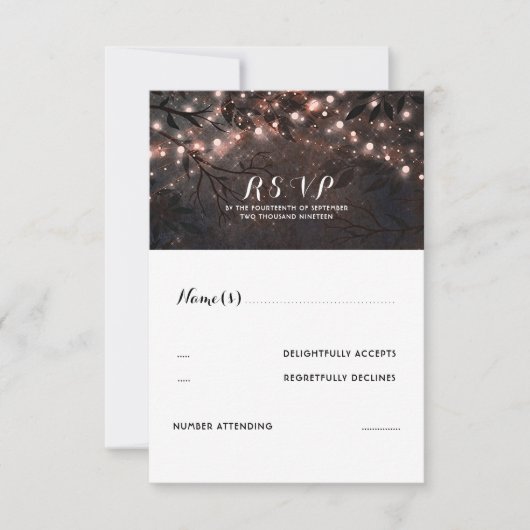 Rose Gold Lights Rustic Wedding RSVP Karte (Vorderseite)