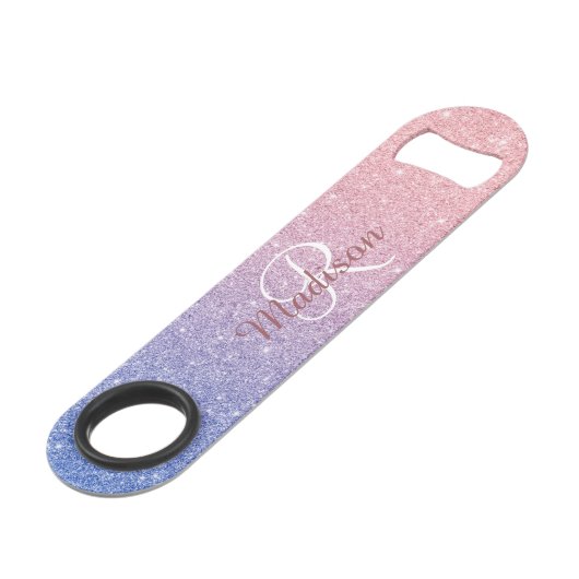 Rose Gold Lila Glitzer Ombre Monogram Stilvoll Speed Flaschenöffner (Vorderseite Schrägansicht)
