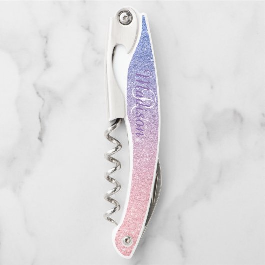 Rose Gold Lila Ombre Fading Monogram Glitzer Kellnermesser (Vorderseite)