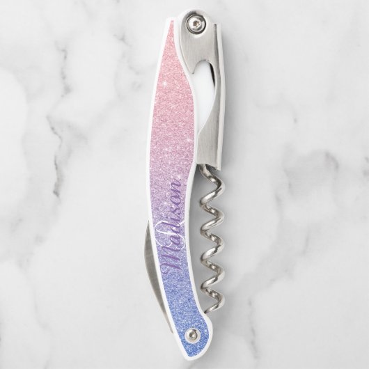 Rose Gold Lila Ombre Fading Monogram Glitzer Kellnermesser (Rückseite)