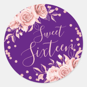 Rose Gold Lila Sweet 16 Geburtstag Floral Glitzer Runder Aufkleber
