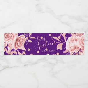 Rose Gold Lila Sweet 16 Glitzer Confetti Floral Wasserflaschenetikett