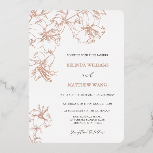 Rose Gold Line Art Lilies Wedding Folieneinladung (Vorderseite)