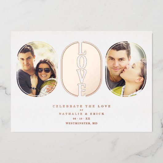 Rose Gold Love Quote Wedding 2 Photos Couple Folieneinladung (Vorderseite)