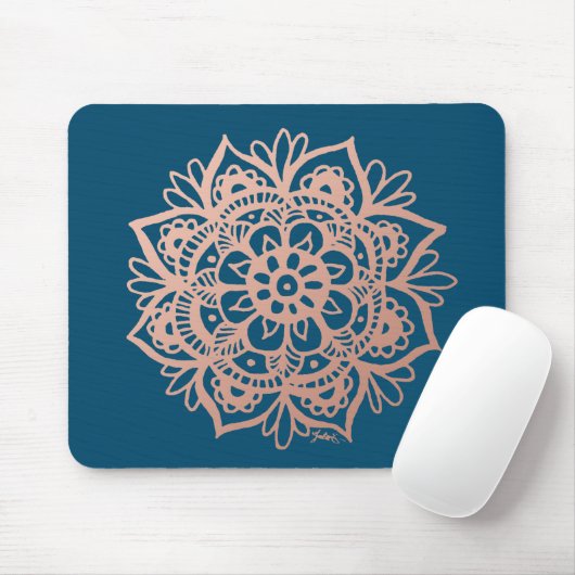 Rose Gold Mandala Blume in Dunkelblau Mousepad (Mit Mouse)