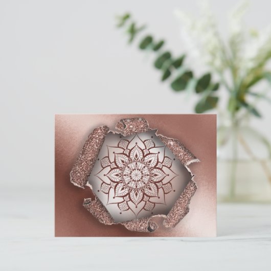 ROSE GOLD MANDALA GLITZER TORN PAPIER POSTKARTE (Stehend Vorderseite)