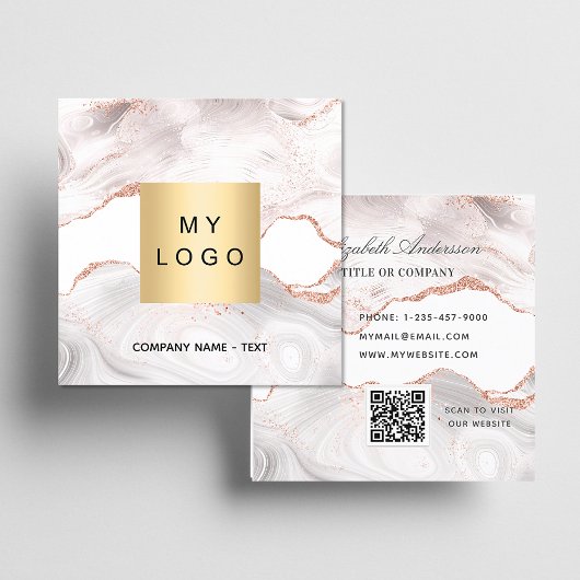 Rose gold marble agate logo QR elegant Quadratische Visitenkarte