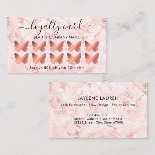 Rose Gold Marble Butterfly Treuekarte Visitenkarte (Vorne/Hinten)