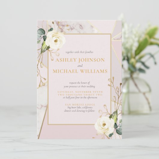 Rose Gold Marble Geometric Eukalyptus Floral Einladung (Stehend Vorderseite)