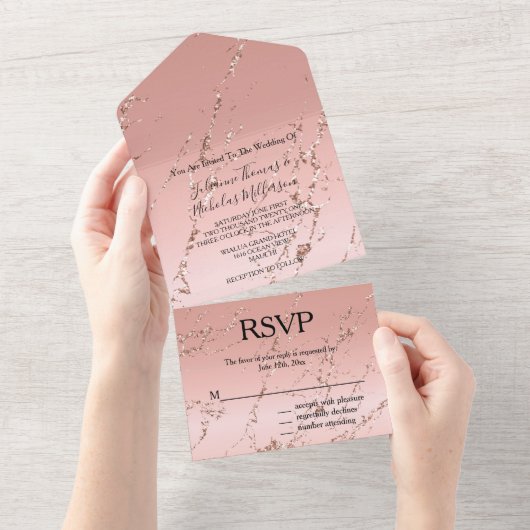 Rose Gold Marble Glitzy Glitzer Wedding All In One Einladung (Abreißen)