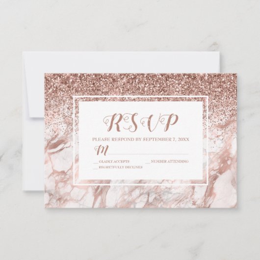 Rose Gold Marble Imitate Glitzer Script RSVP Karte (Vorderseite)