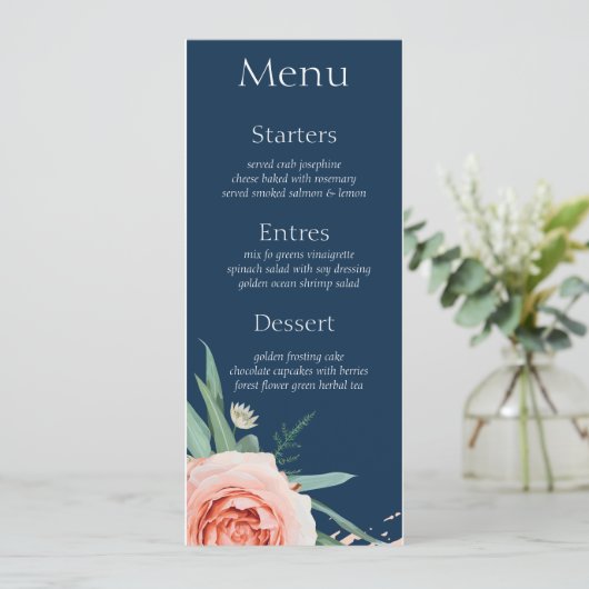 Rose gold & marineblau Set 18 Menükarte Einladung (Stehend Vorderseite)