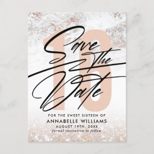 Rose Gold Marmor 16. Geburtstagsfeier Save The Dat Postkarte