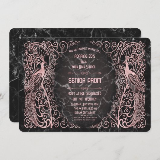 Rose Gold Marmor Art Deco Peacocks Senior Prom Einladung (Vorne/Hinten)