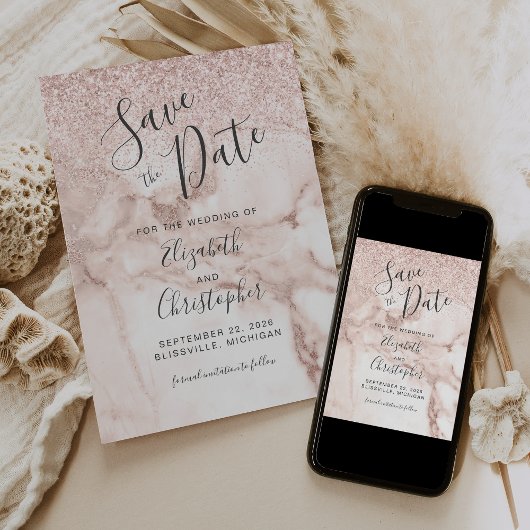 Rose Gold-Marmor-Glitzer Hochzeit speichern Sie da Einladung