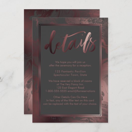 Rose Gold Marmor Hochzeitsdetails über dunkelgrau Begleitkarte (Vorne/Hinten)