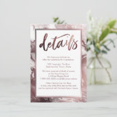 Rose Gold Marmor Hochzeitsdetails über Weiß Begleitkarte (Stehend Vorderseite)