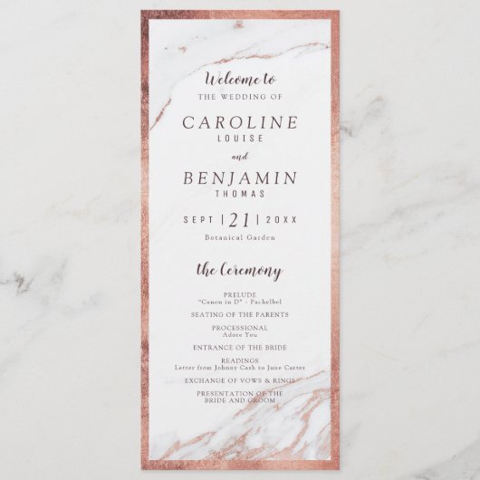 Rose Gold Marmor Luxus moderne Hochzeitsfeier Programm (Vorderseite)