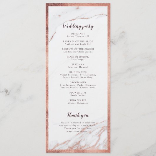Rose Gold Marmor Luxus moderne Hochzeitsfeier Programm (Rückseite)