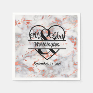 Rose Gold Marmor Mr. und Mrs. Heart Wedding Serviette