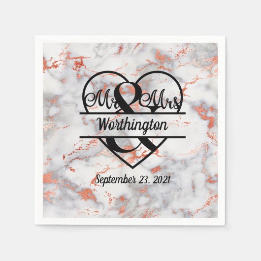 Rose Gold Marmor Mr. und Mrs. Heart Wedding Serviette (Vorderseite)