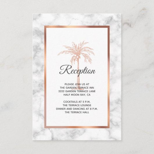 Rose Gold Marmor Palm Tree Hochzeitsempfang Begleitkarte (Vorderseite)