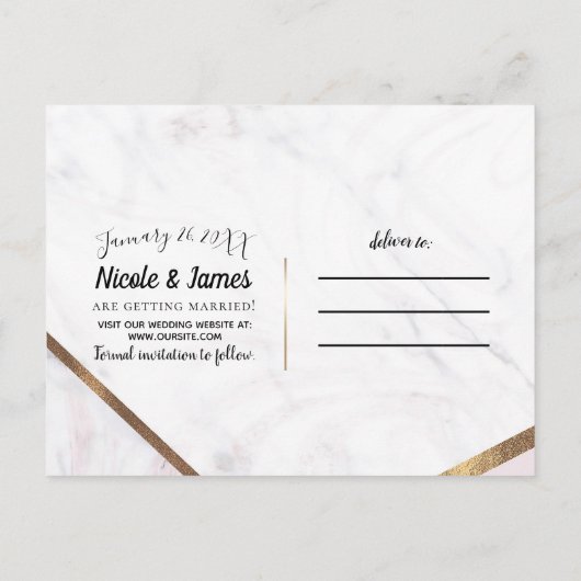 Rose Gold Marmor Save the Date wirbeln und rot bla Ankündigungspostkarte (Rückseite)